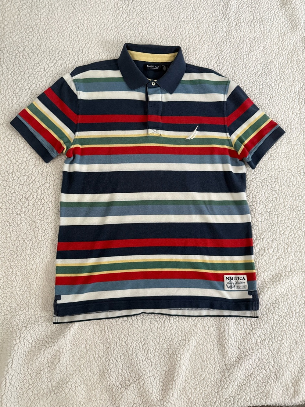 Nautica A Bit Trimmer Striped Polo Short Sleeve Shirt, Size Large.